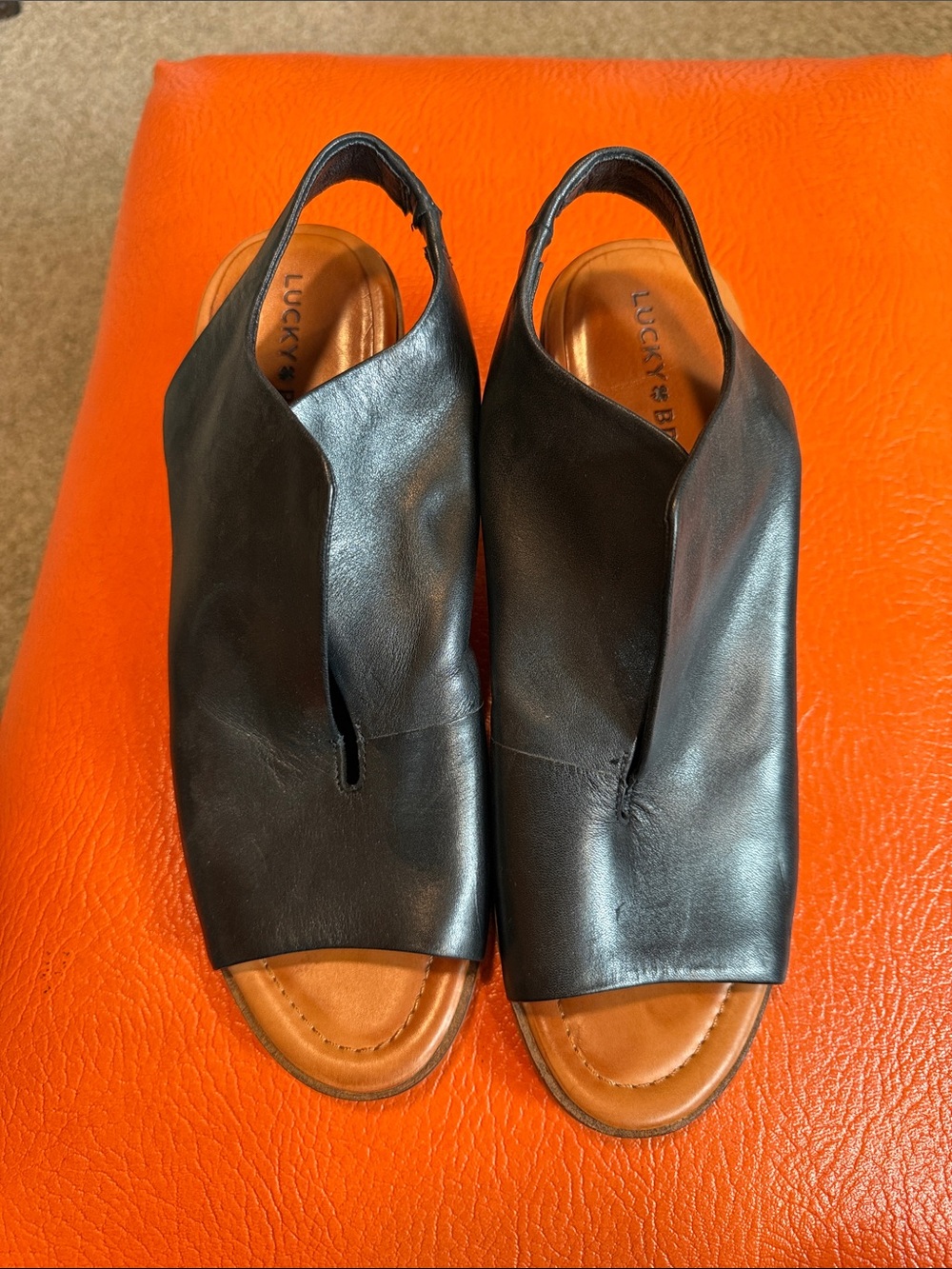 Lucky Brand Black Leather Open-Toe Slingback Sandals